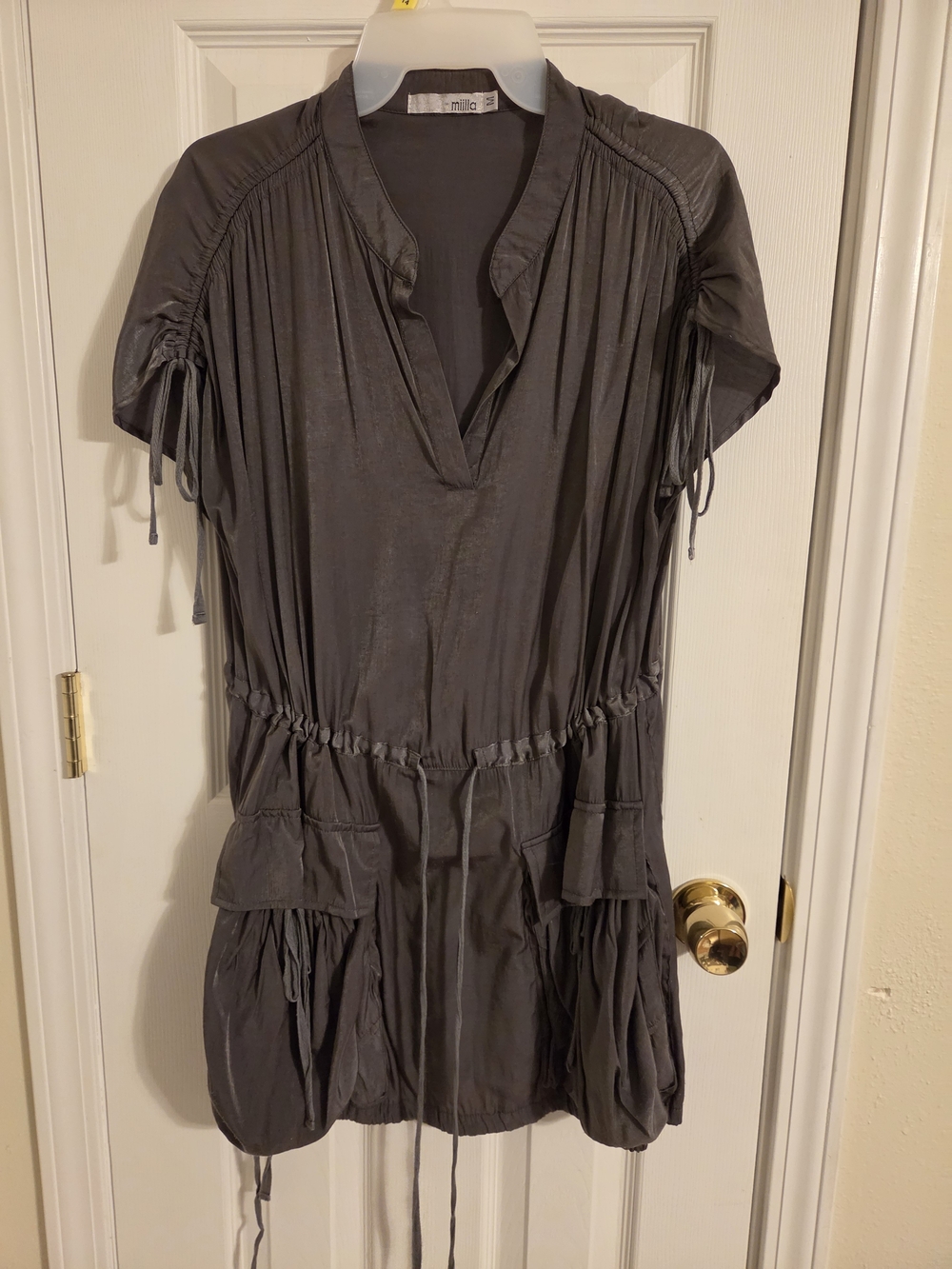 Milla Charcoal Gray Drawstring V-Neck Tunic Dress